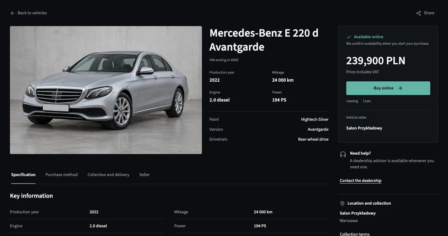 Narell vehicle page with the Mercedes-Benz E-Class, specifications, price and online purchase action